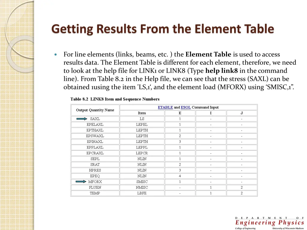 getting results from the element table