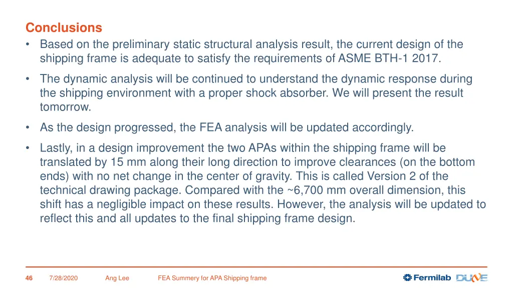 conclusions based on the preliminary static