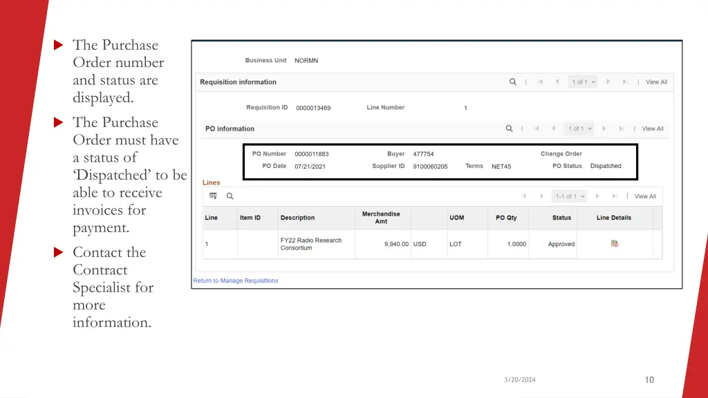 the purchase order number and status are displayed