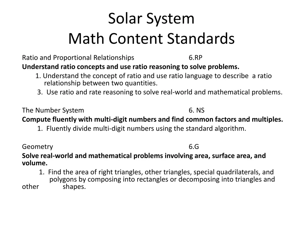 solar system math content standards