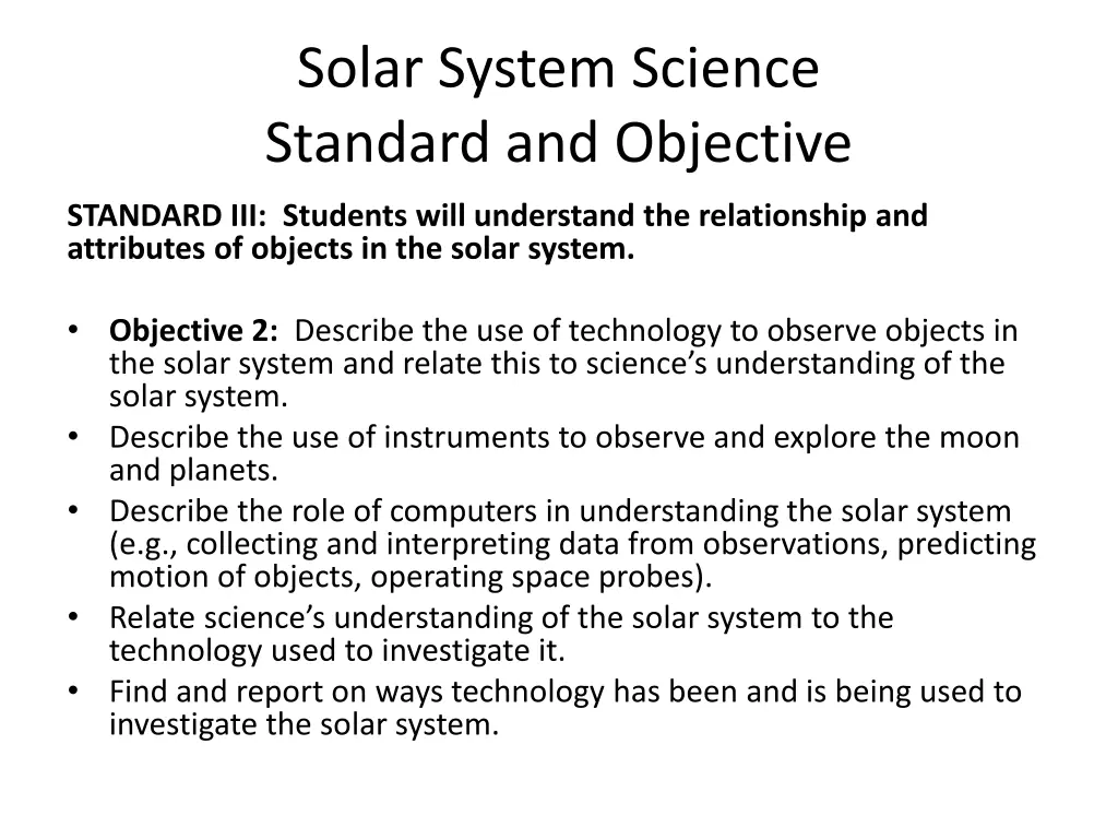 solar system science standard and objective