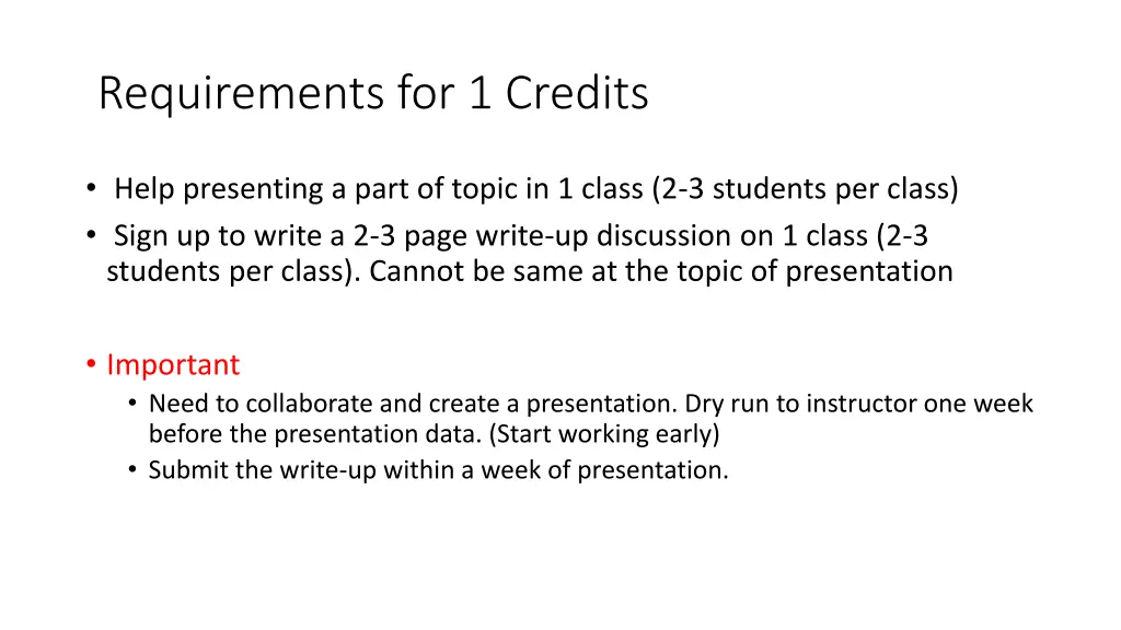 requirements for 1 credits