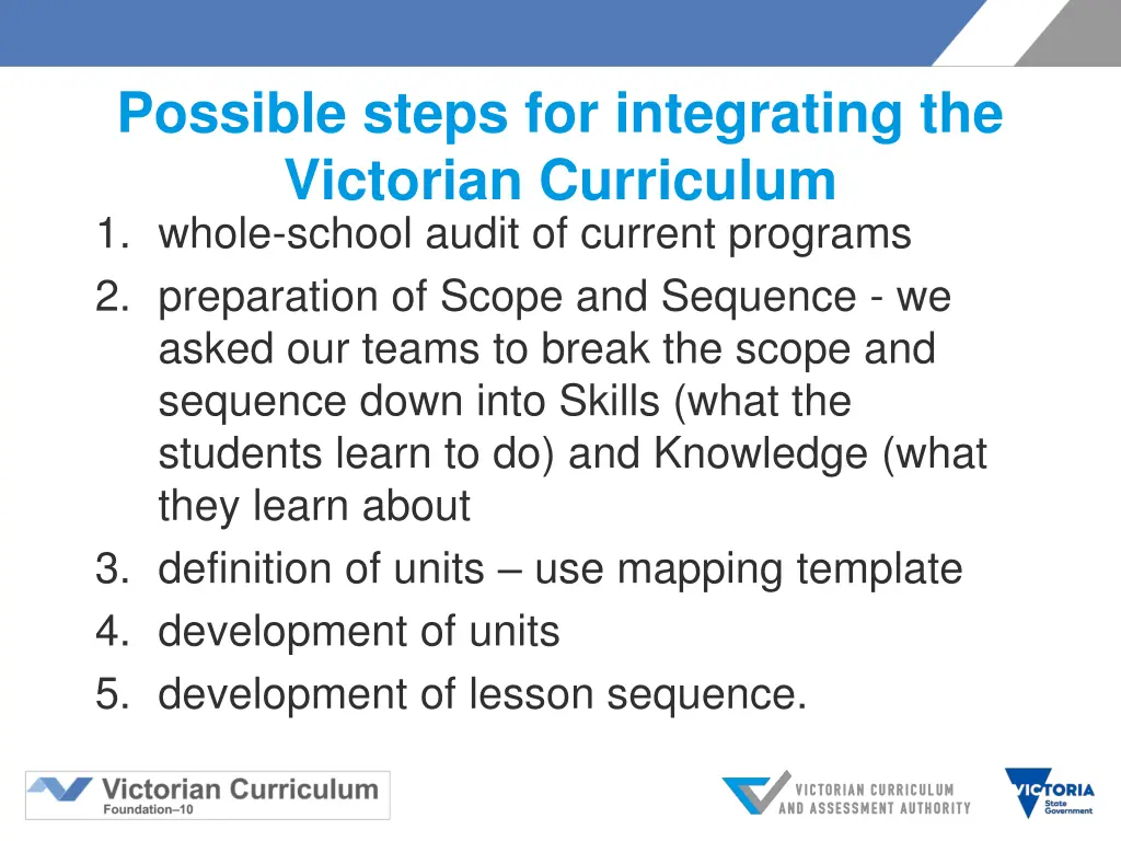 possible steps for integrating the victorian