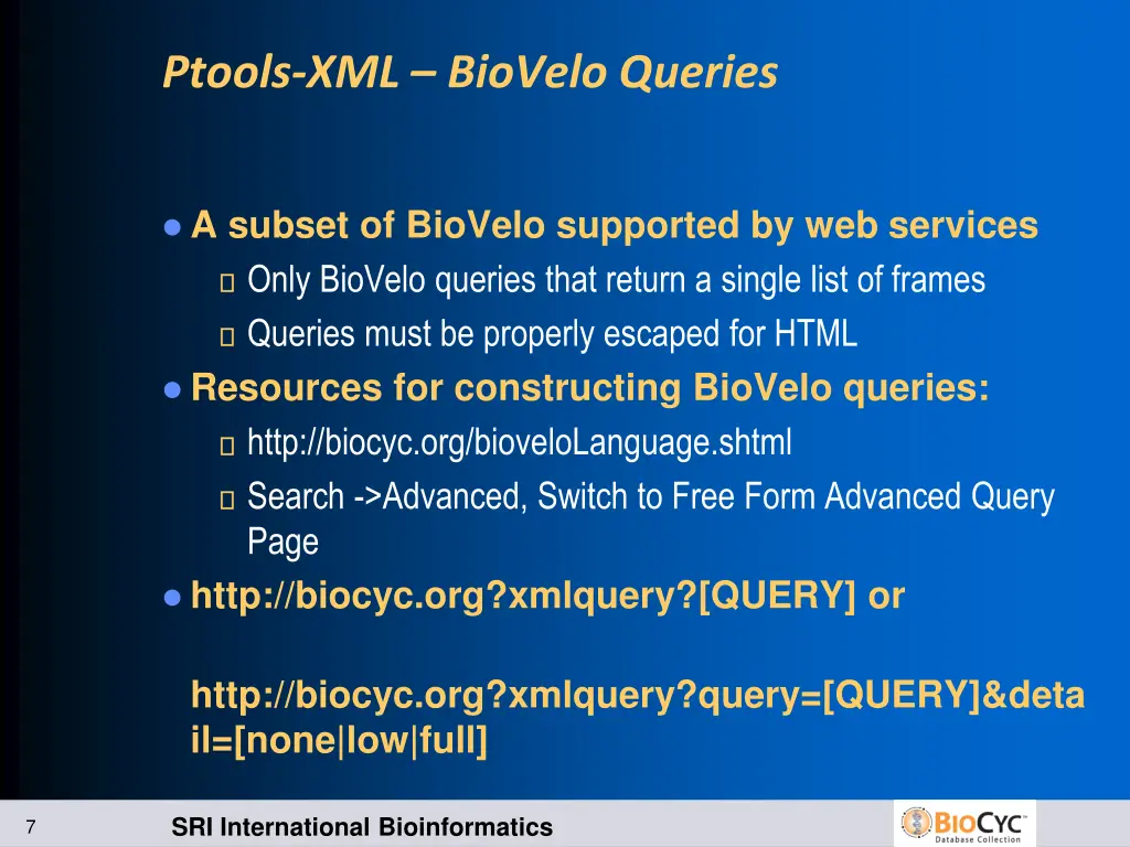 ptools xml biovelo queries