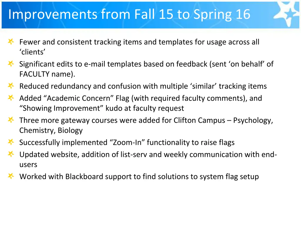 improvements from fall 15 to spring 16