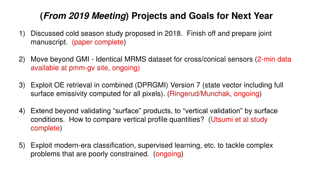 from 2019 meeting projects and goals for next year