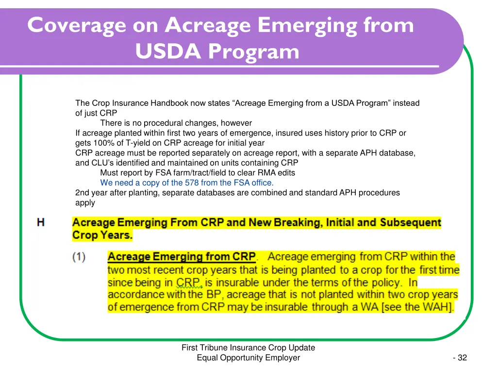 coverage on acreage emerging from usda program
