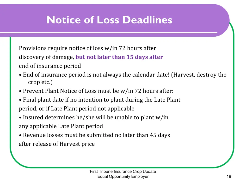 notice of loss deadlines