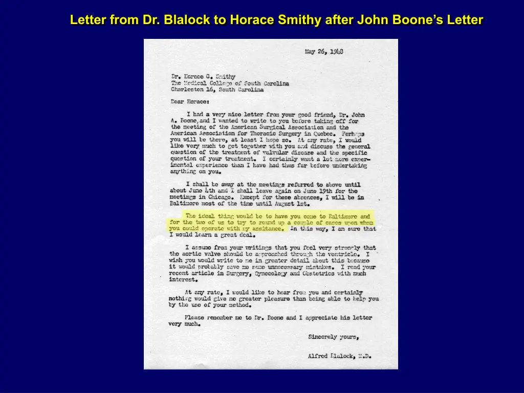 letter from dr blalock to horace smithy after