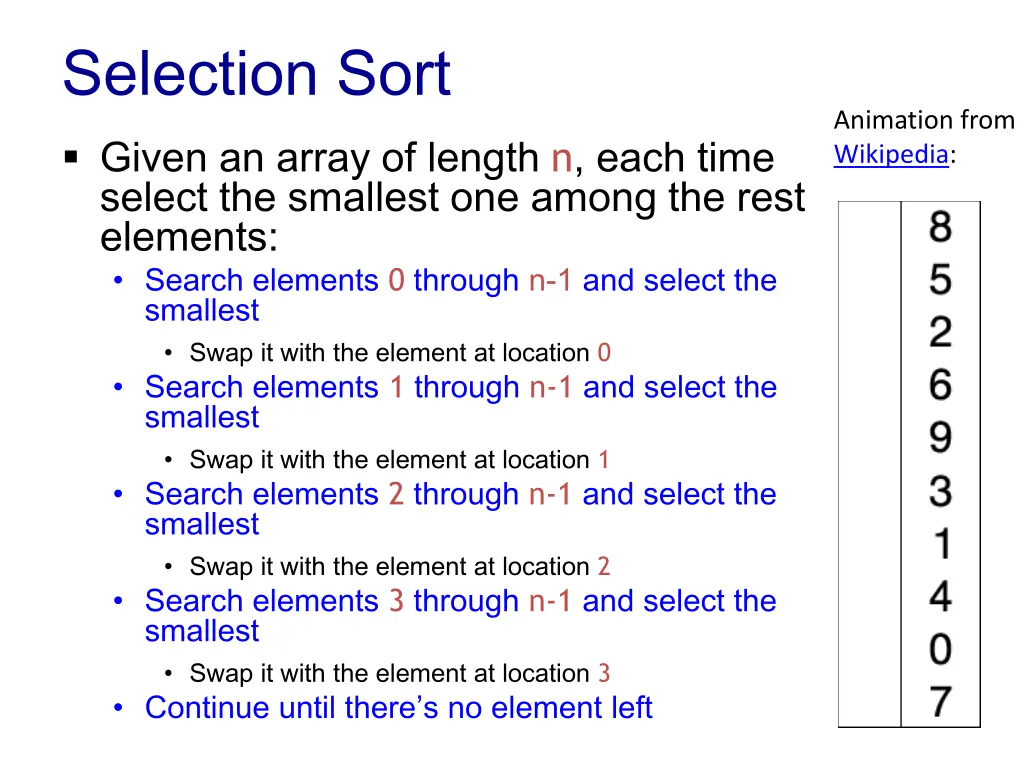 selection sort given an array of length n each