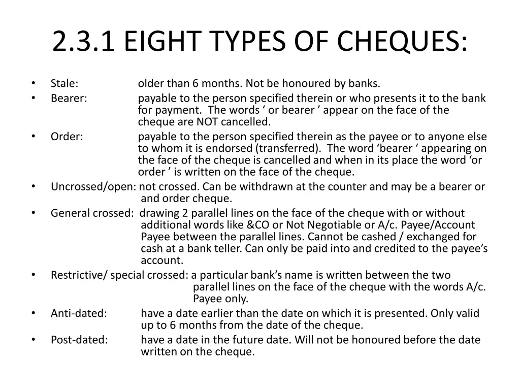 2 3 1 eight types of cheques