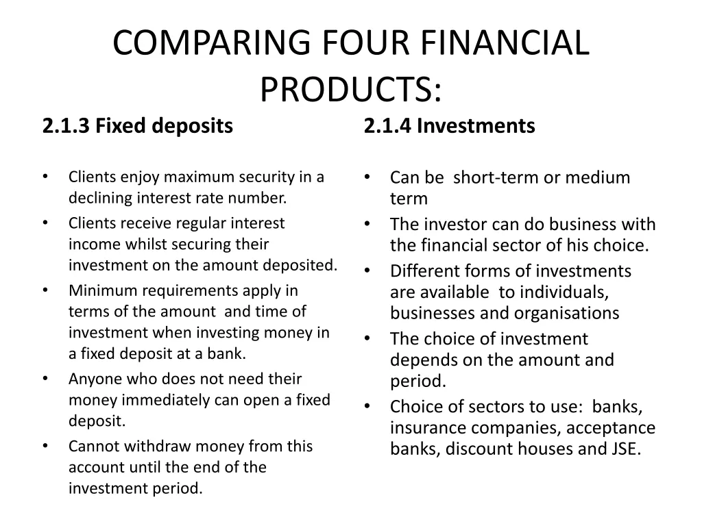 comparing four financial products 2 1 3 fixed
