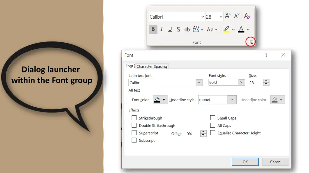 dialog launcher within the font group