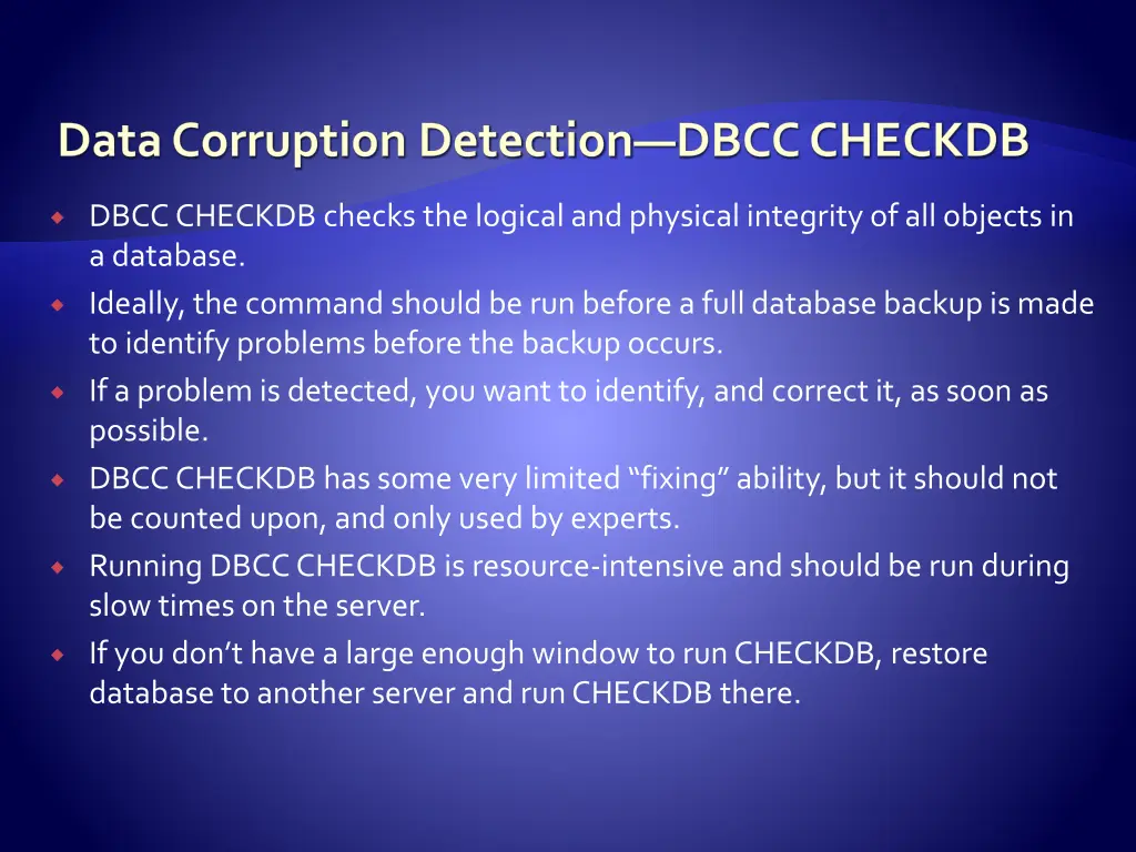 data corruption detection dbcc checkdb
