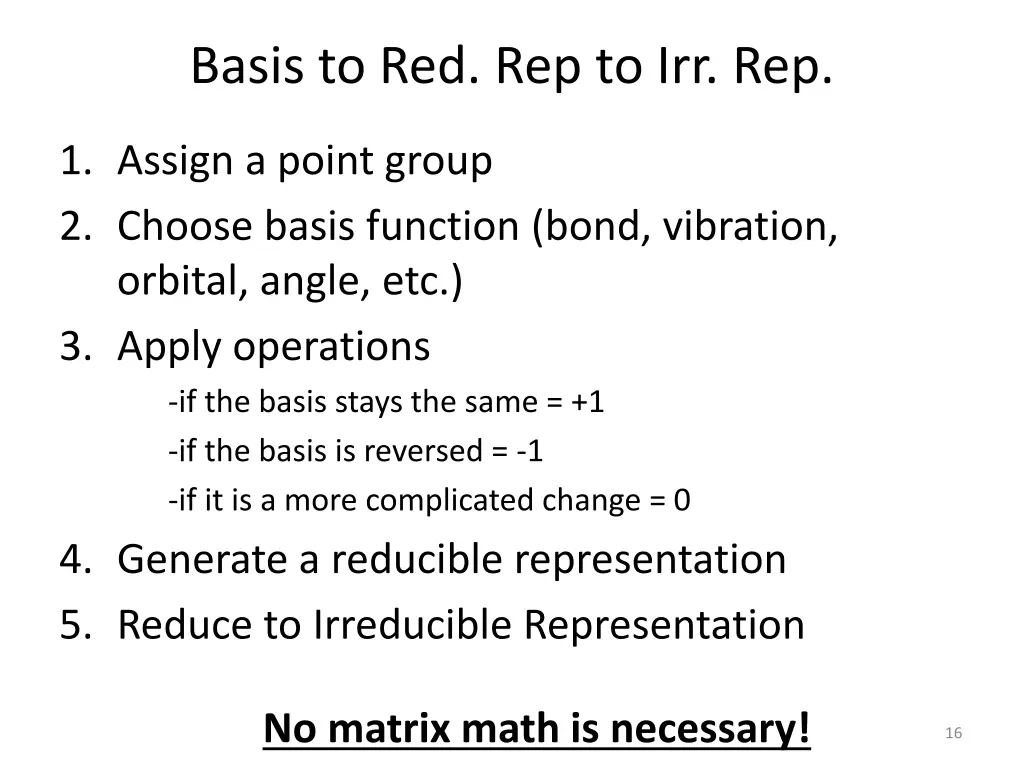 basis to red rep to irr rep