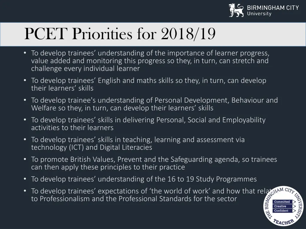 pcet priorities for 2018 19