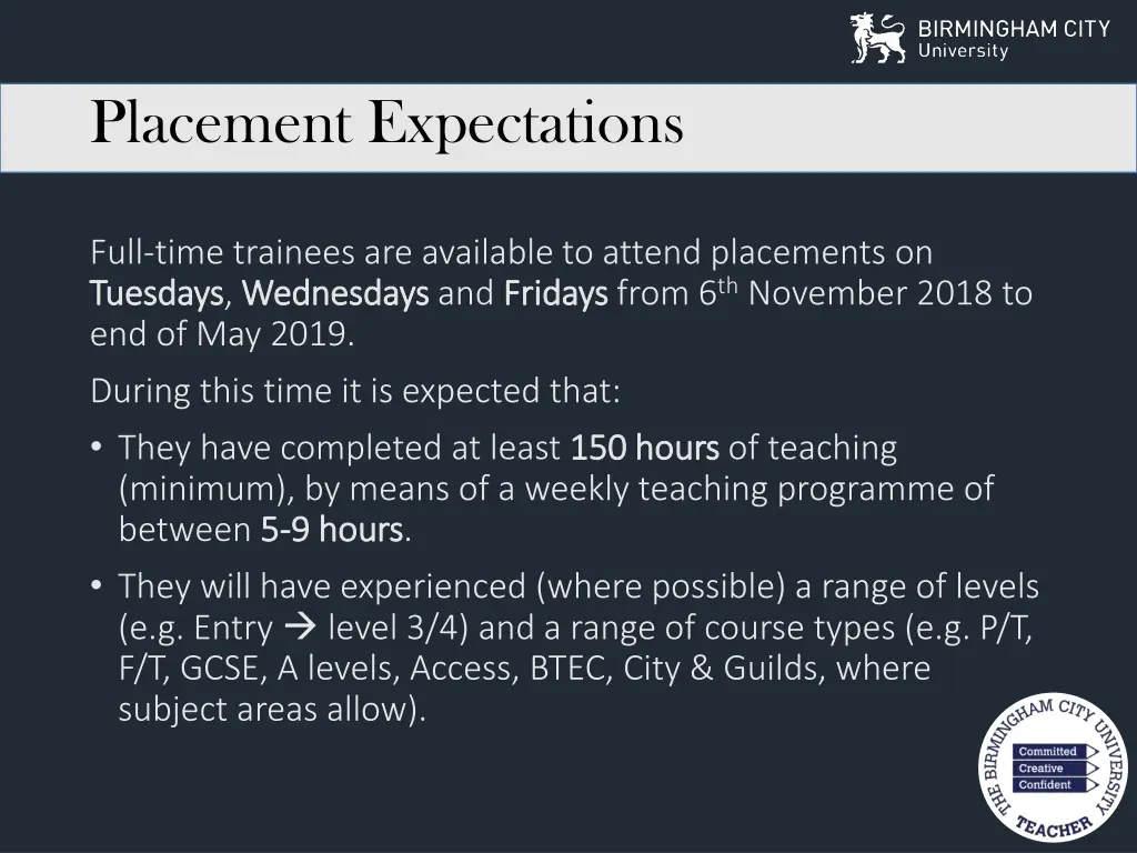 placement expectations
