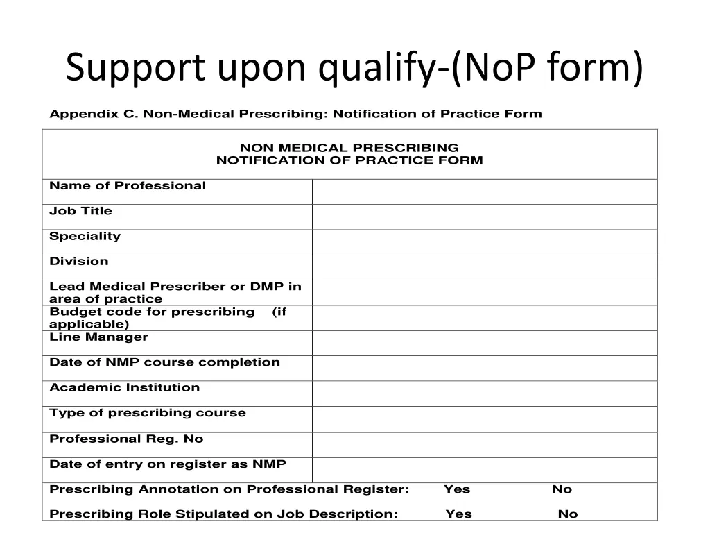 support upon qualify nop form