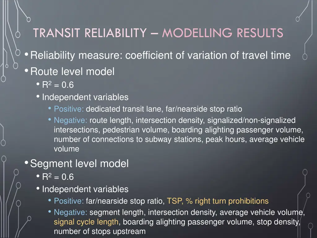 transit reliability modelling results reliability