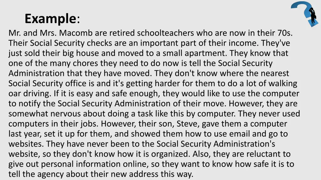 example mr and mrs macomb are retired