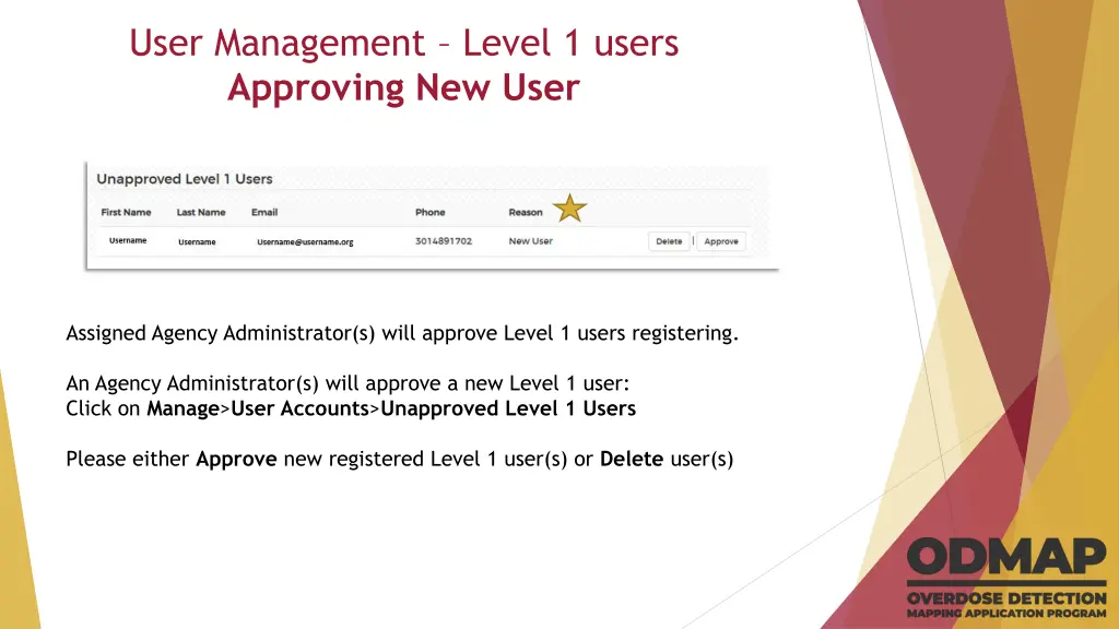 user management level 1 users approving new user 1