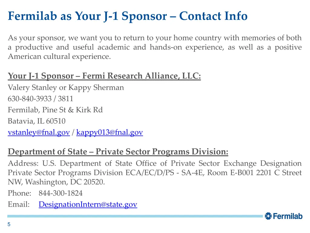 fermilab as your j 1 sponsor contact info