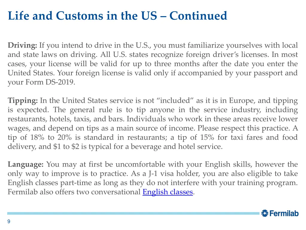 life and customs in the us continued