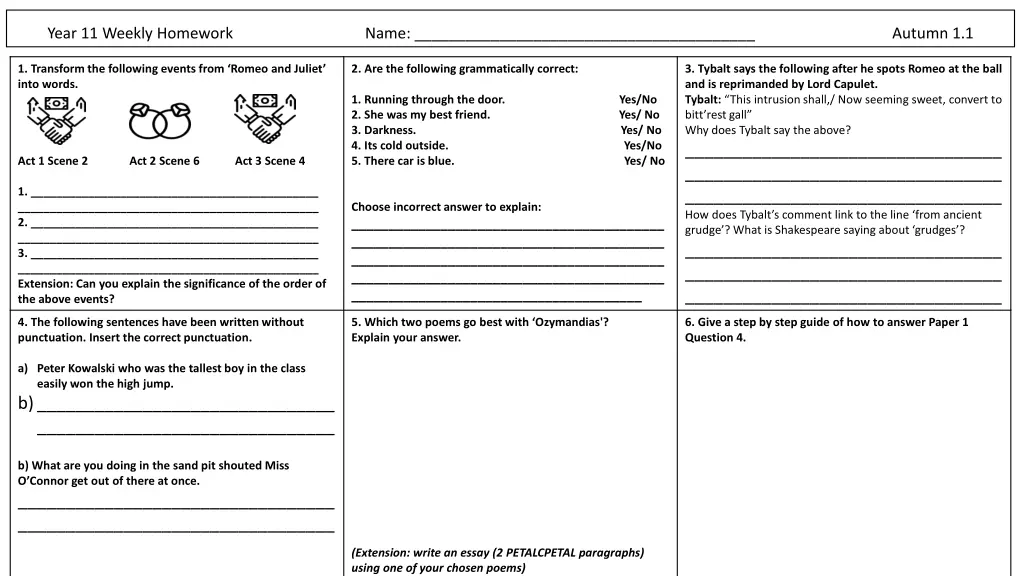year 11 weekly homework name