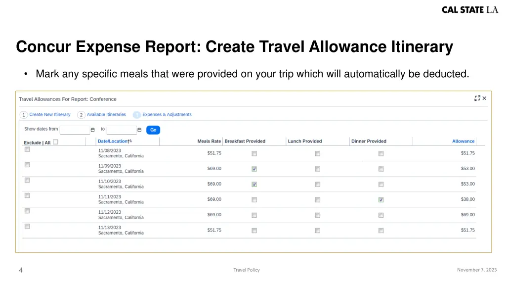 concur expense report create travel allowance 2