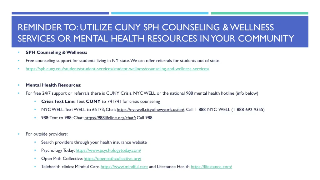 reminder to utilize cuny sph counseling wellness