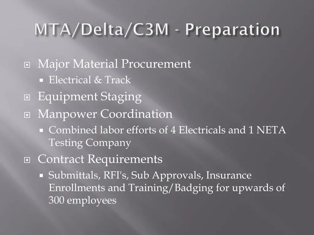 major material procurement electrical track