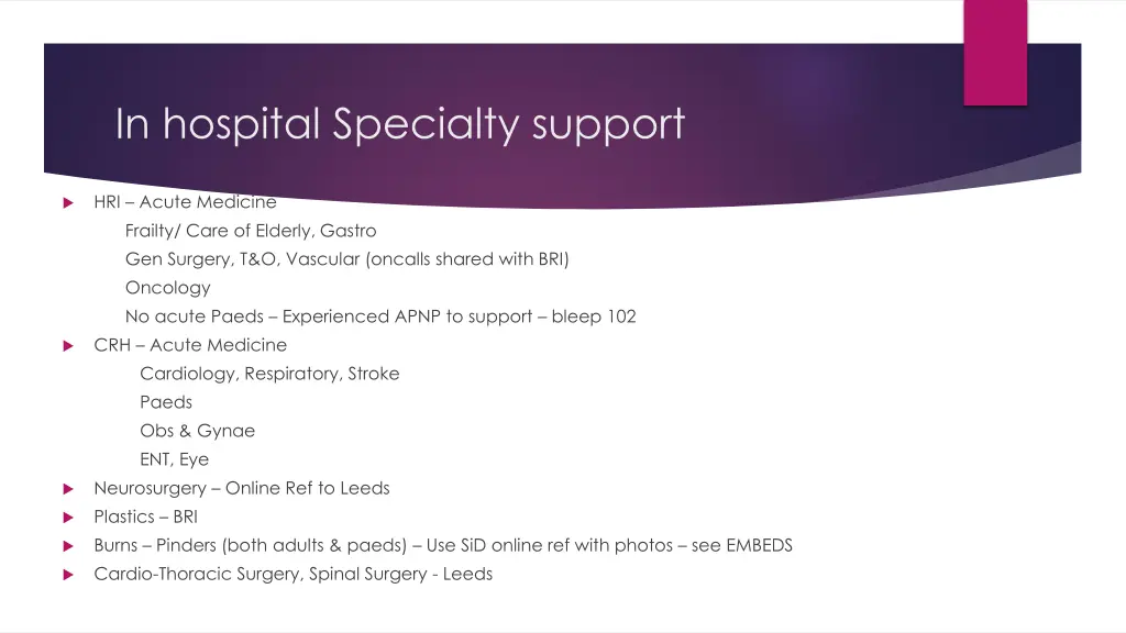 in hospital specialty support