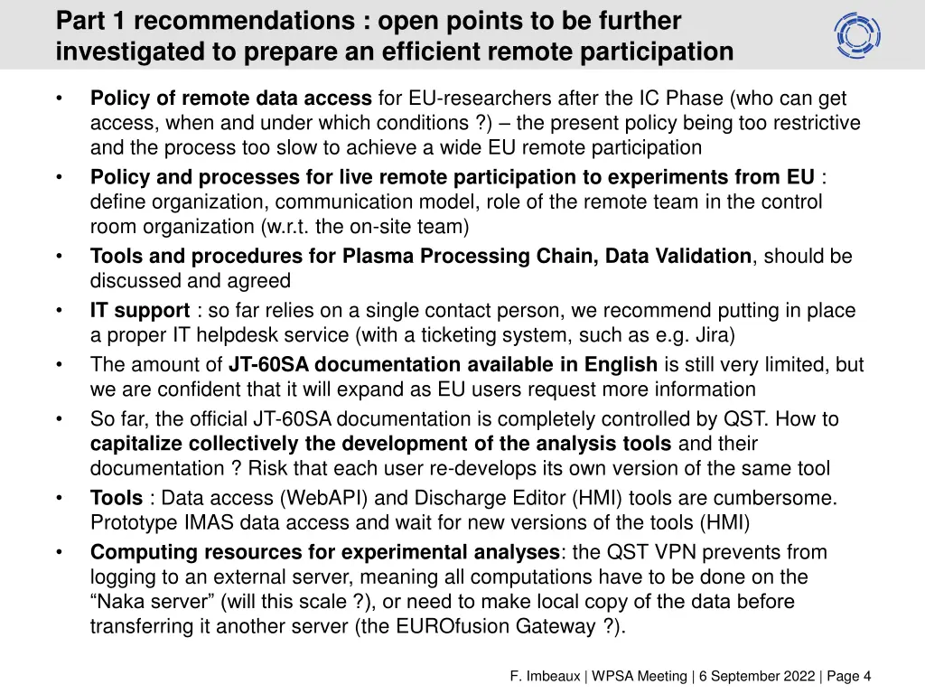 part 1 recommendations open points to be further