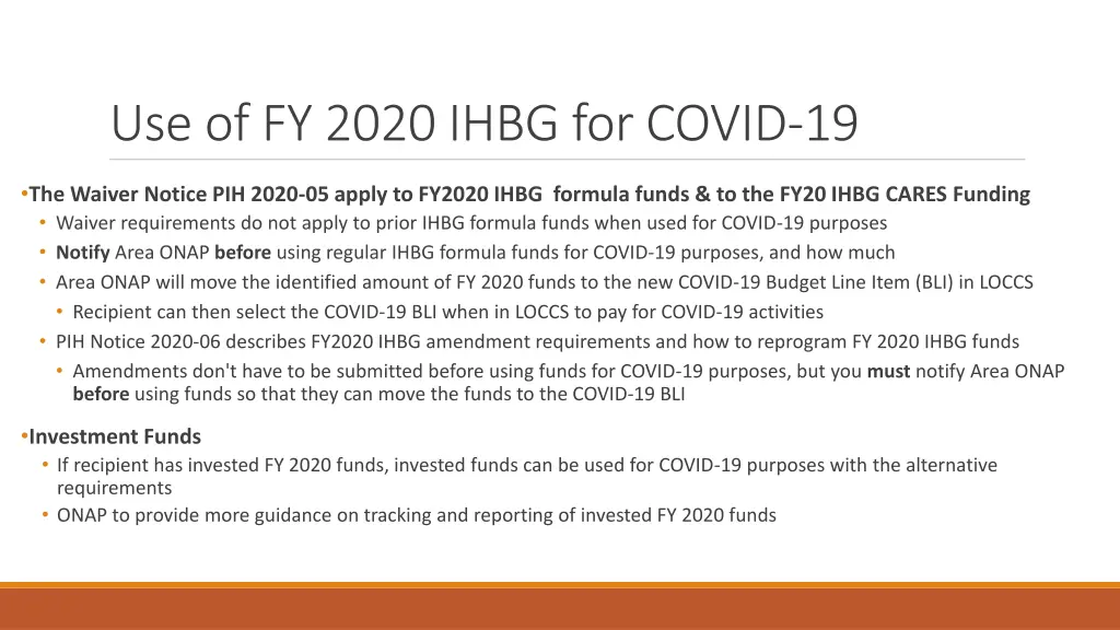 use of fy 2020 ihbg for covid 19