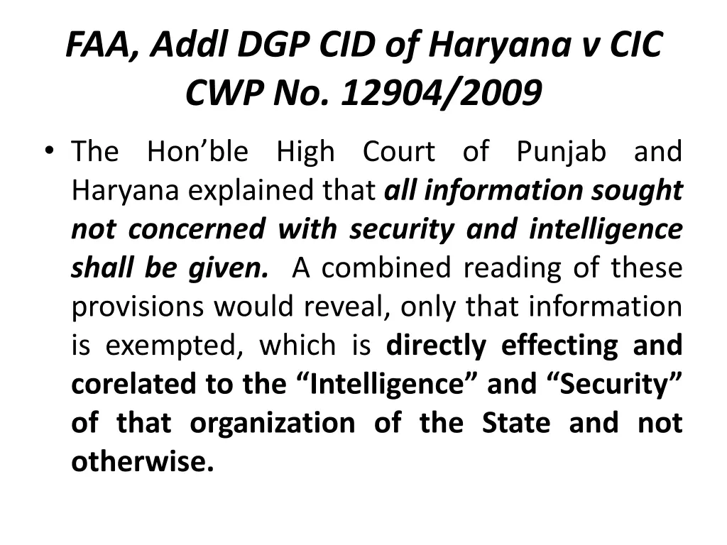 faa addl dgp cid of haryana v cic cwp no 12904
