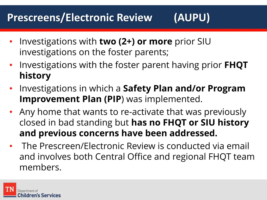 prescreens electronic review aupu