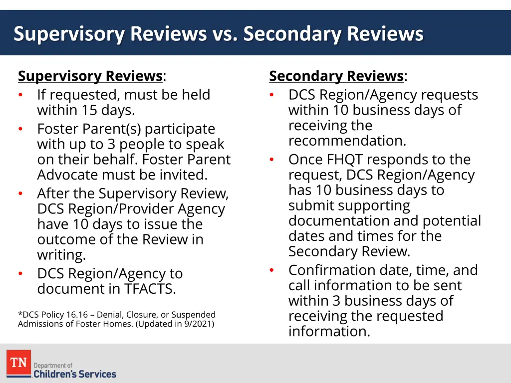 supervisory reviews vs secondary reviews