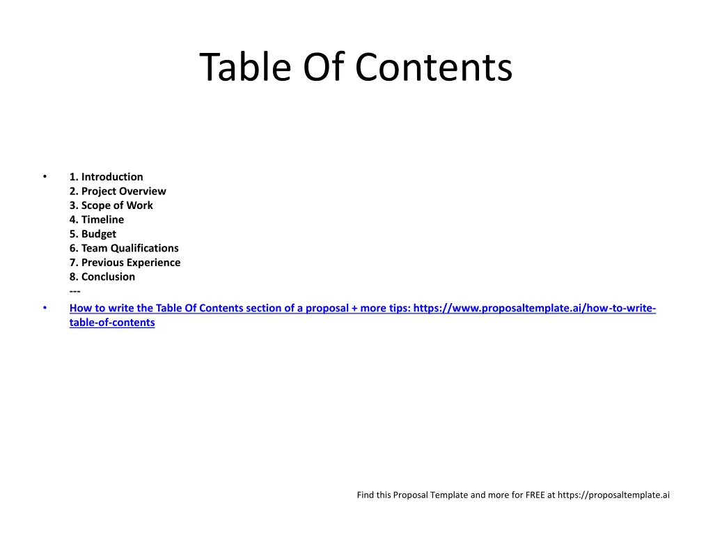 table of contents