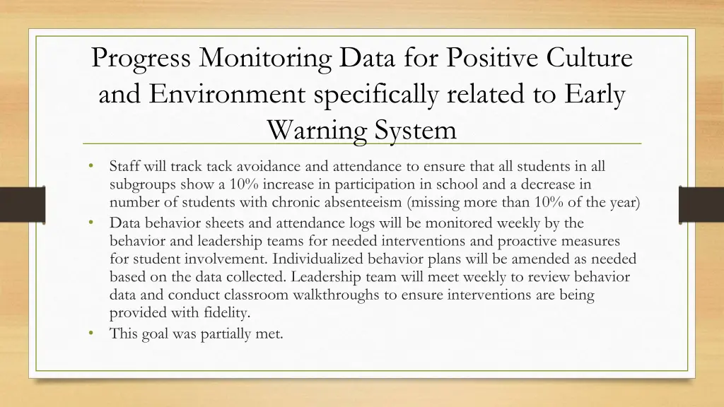 progress monitoring data for positive culture