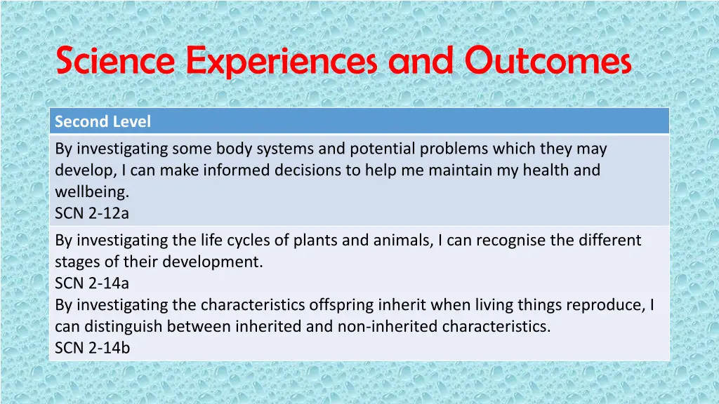 science experiences and outcomes
