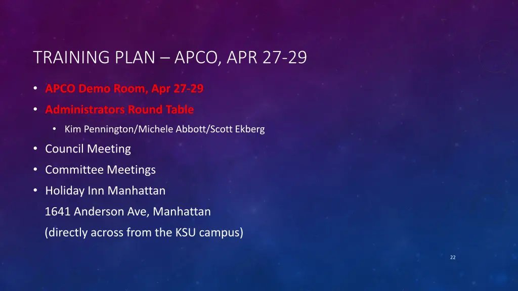 training plan apco apr 27 29