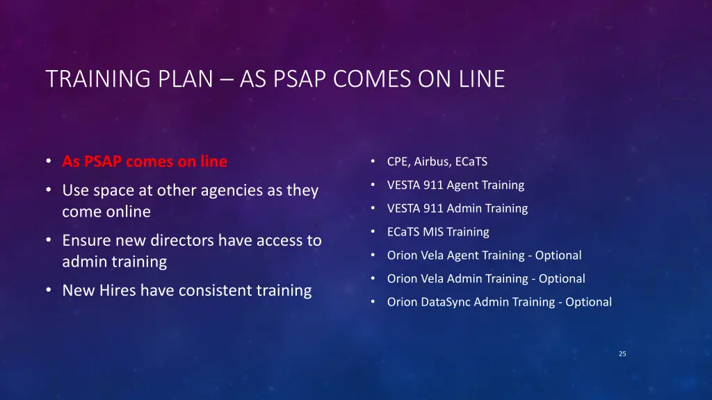training plan as psap comes on line