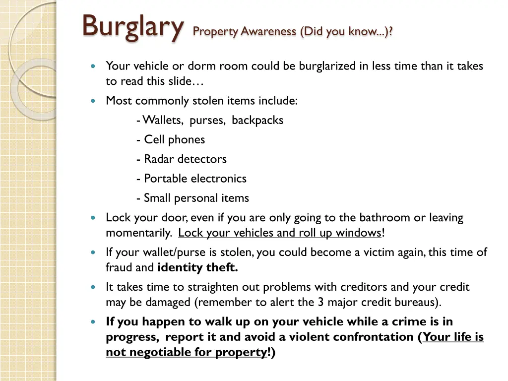 burglary property awareness did you know