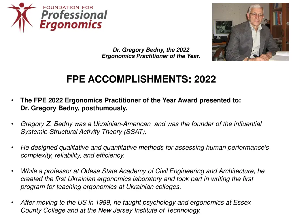 dr gregory bedny the 2022 ergonomics practitioner
