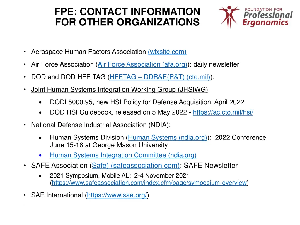 fpe contact information for other organizations