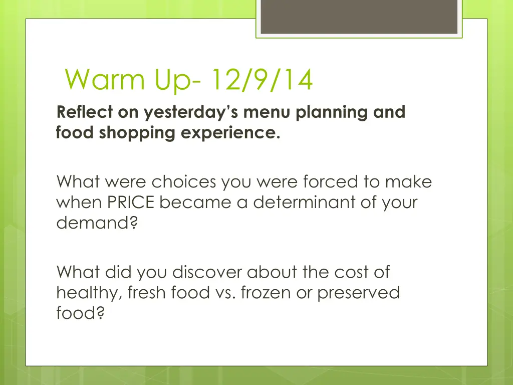 warm up 12 9 14 reflect on yesterday s menu