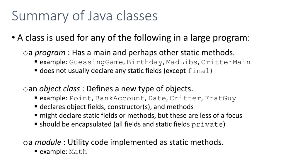 summary of java classes