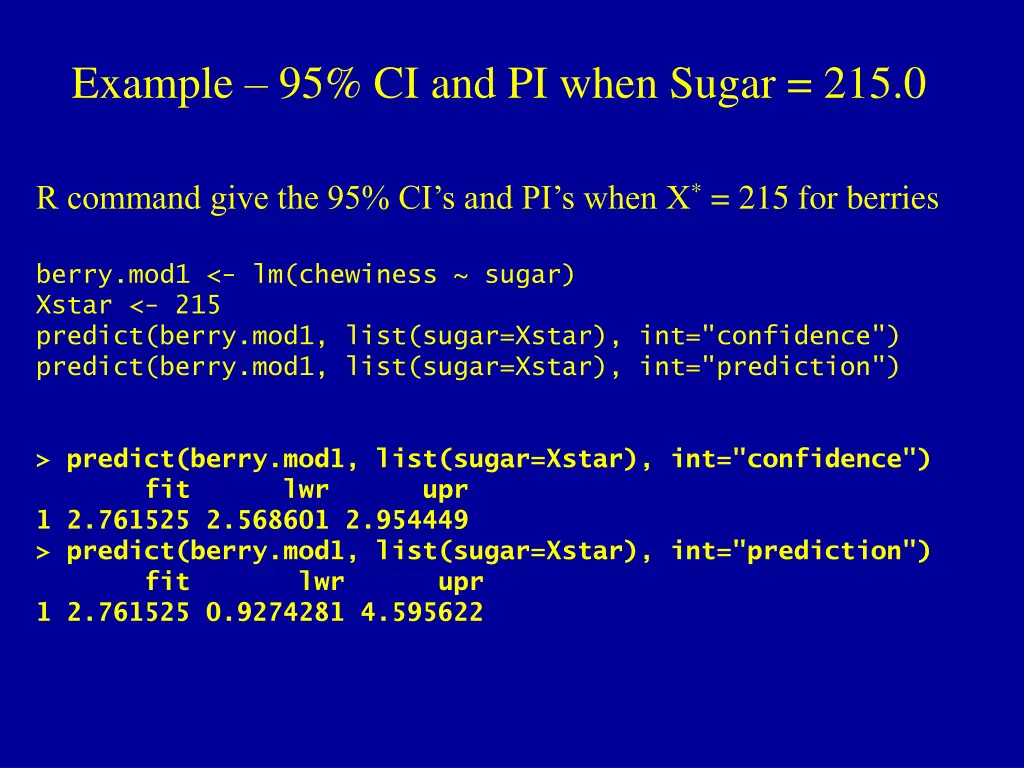 example 95 ci and pi when sugar 215 0