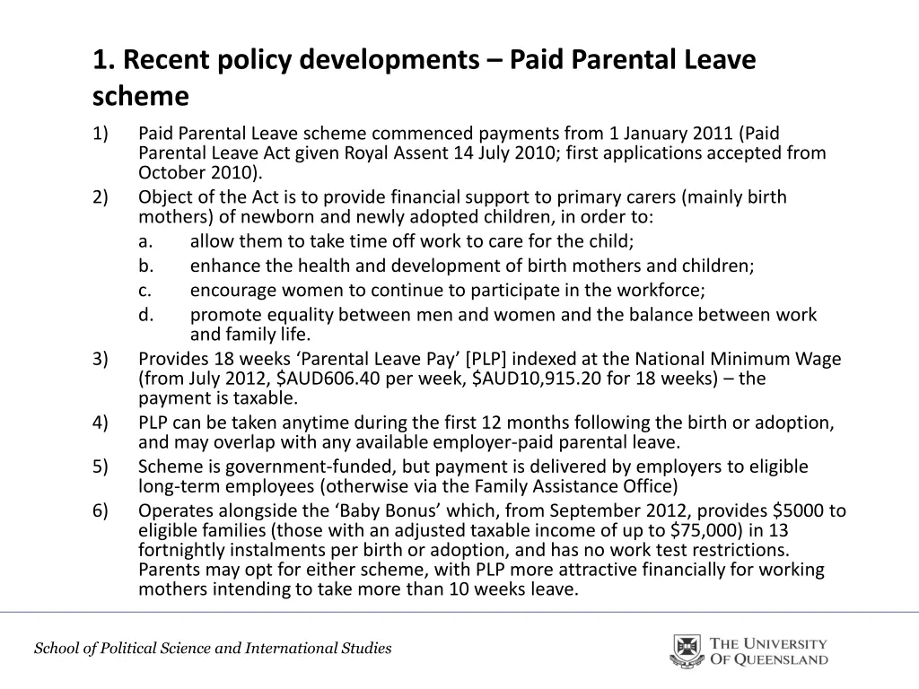 1 recent policy developments paid parental leave