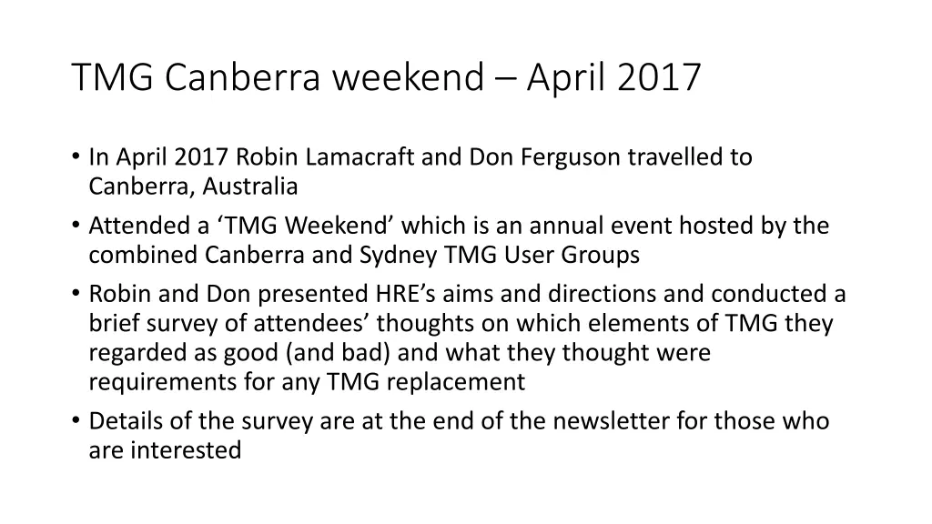 tmg canberra weekend april 2017